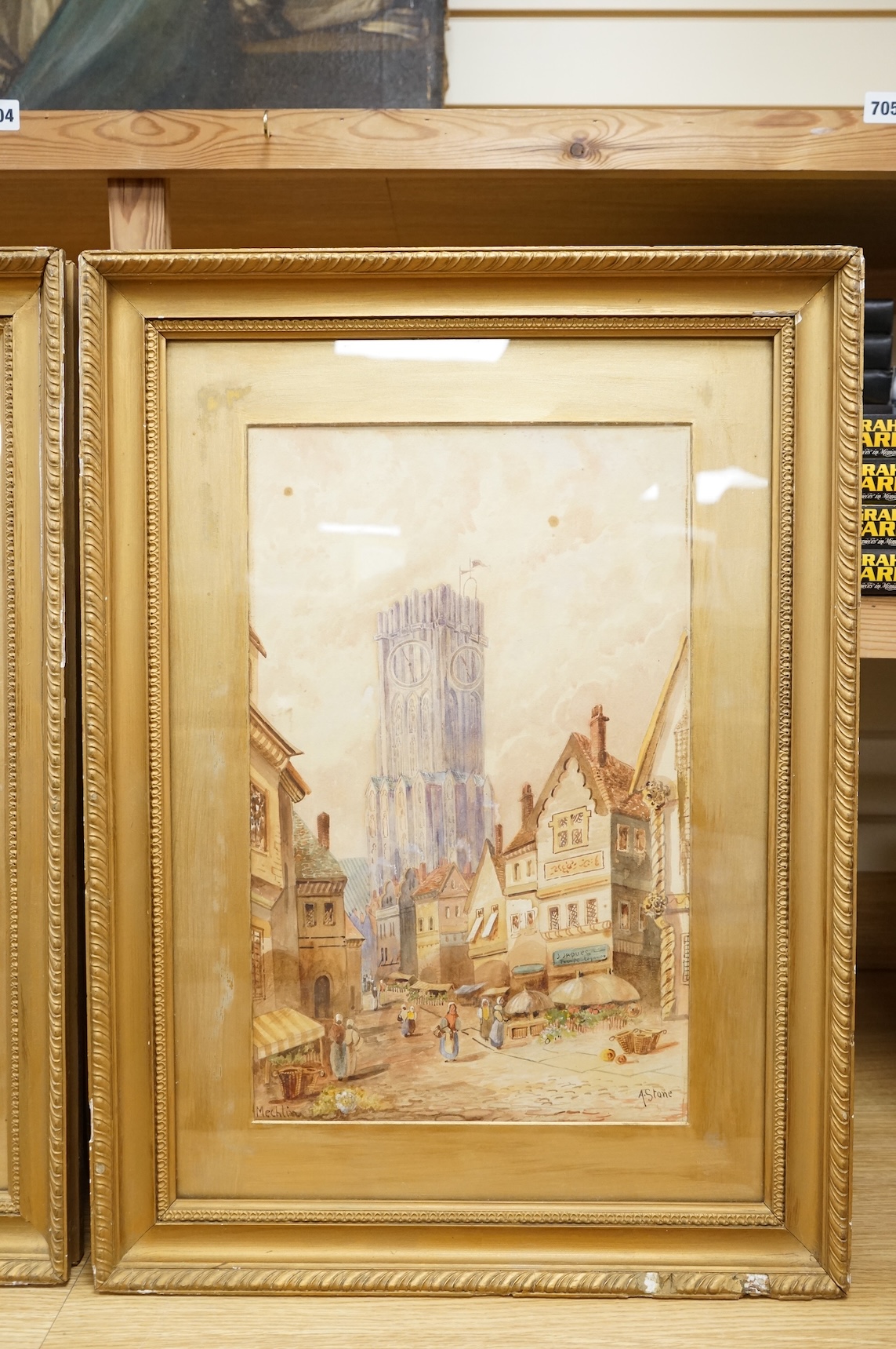 Ada Stone (1879-1904), pair of watercolours, Mechelen and Bruges street scenes, signed, gilt framed, 49 x 29cm